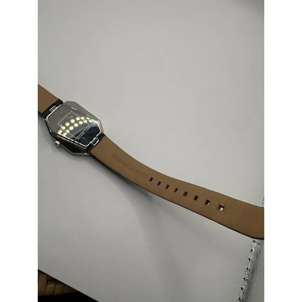 Michael Kors Watch Silver Geometric Case Black Leather Strap